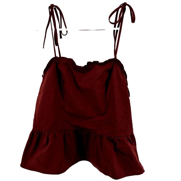 Express Fitted Tie Strap Peplum Cami Square Neck Smocked Ruffle Chic Red Small - Picture 2 of 6